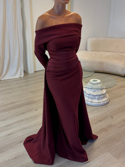 Off-the-Shoulder Pleated Waist Gown with Train