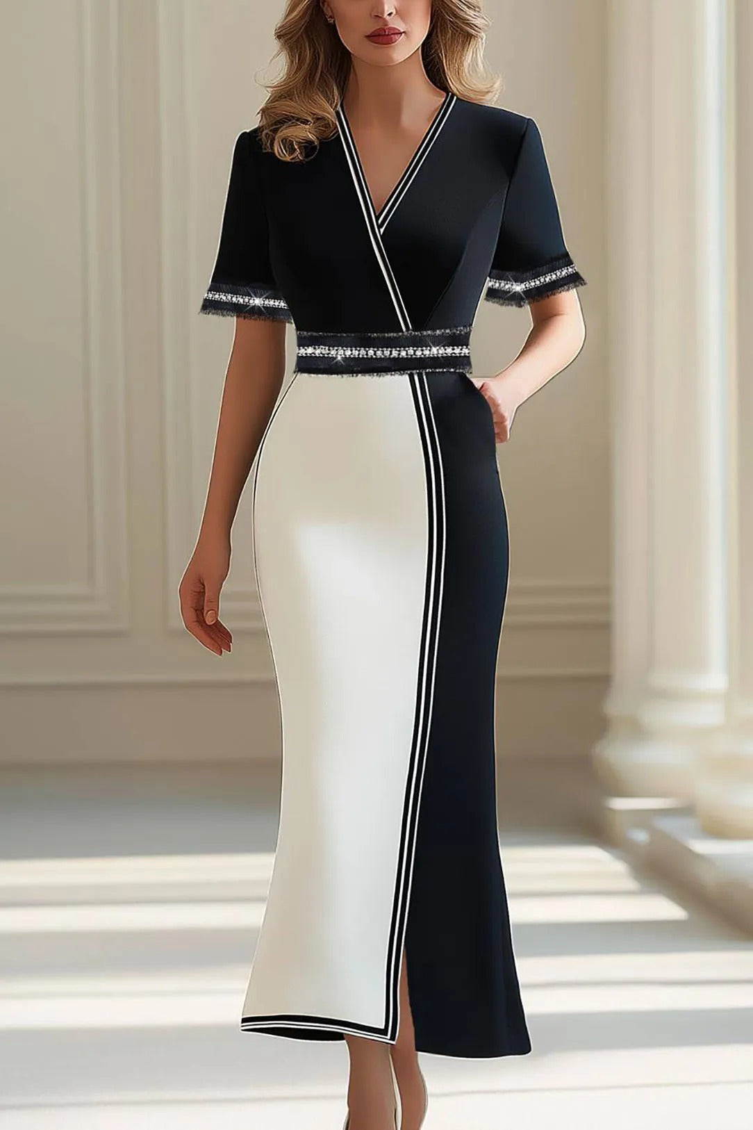 Colorblock Wrap Maxi Dress with Embellished Waist