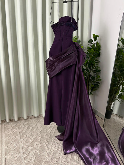 Strapless Side-Draped Evening Gown with Beaded Bodice