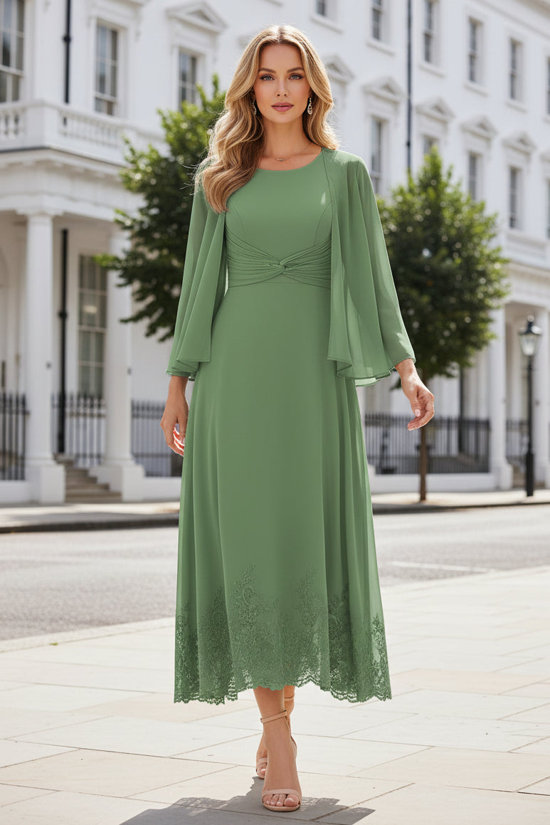 Chiffon Capelet Midi Dress with Lace Hem
