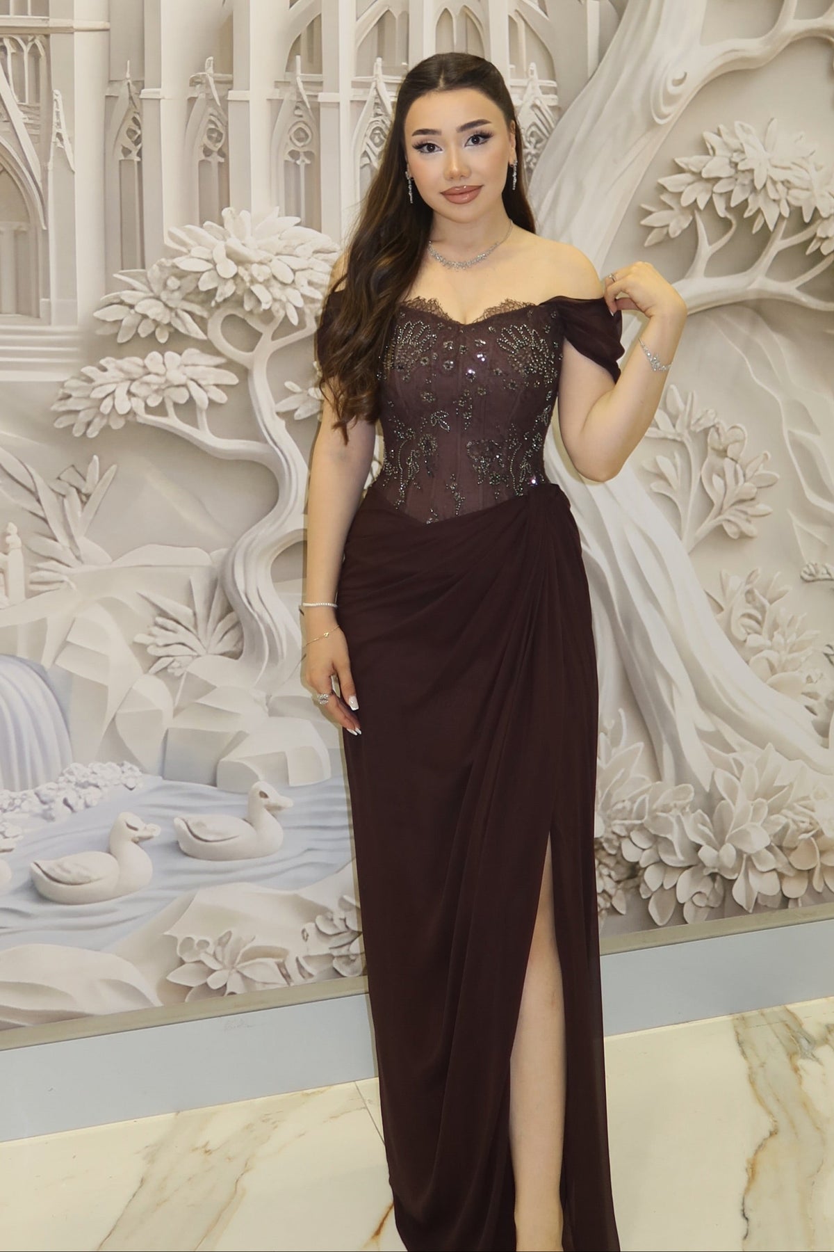 Beaded Corset Evening Gown with Slit