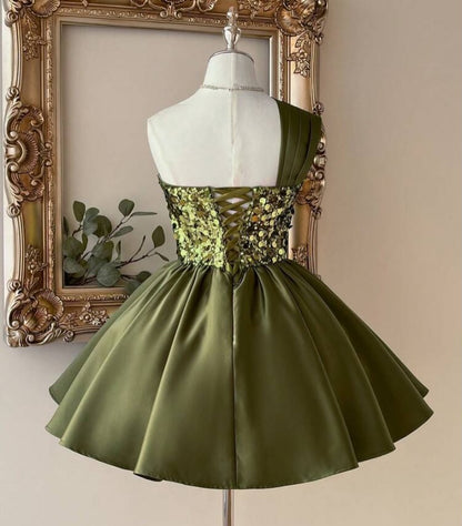 One-Shoulder Sequin and Satin A-Line Homecoming Dress