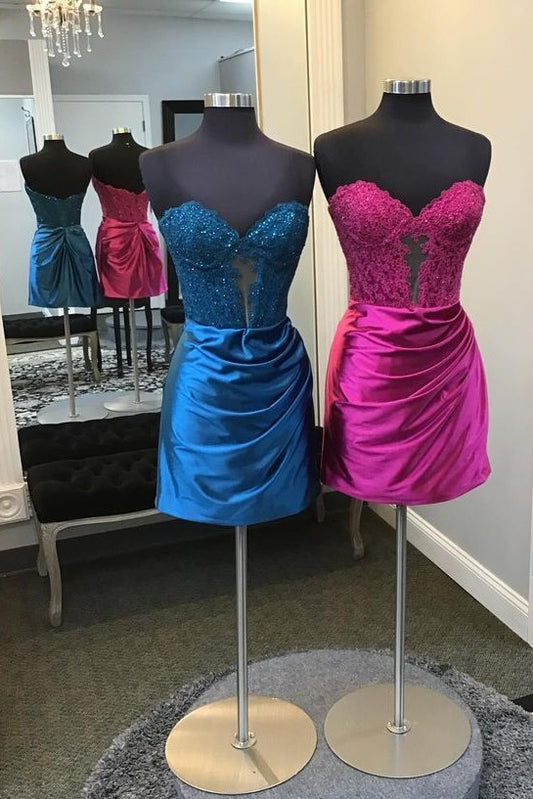 Strapless Ruched Satin Dress with Lace Corset Bodice