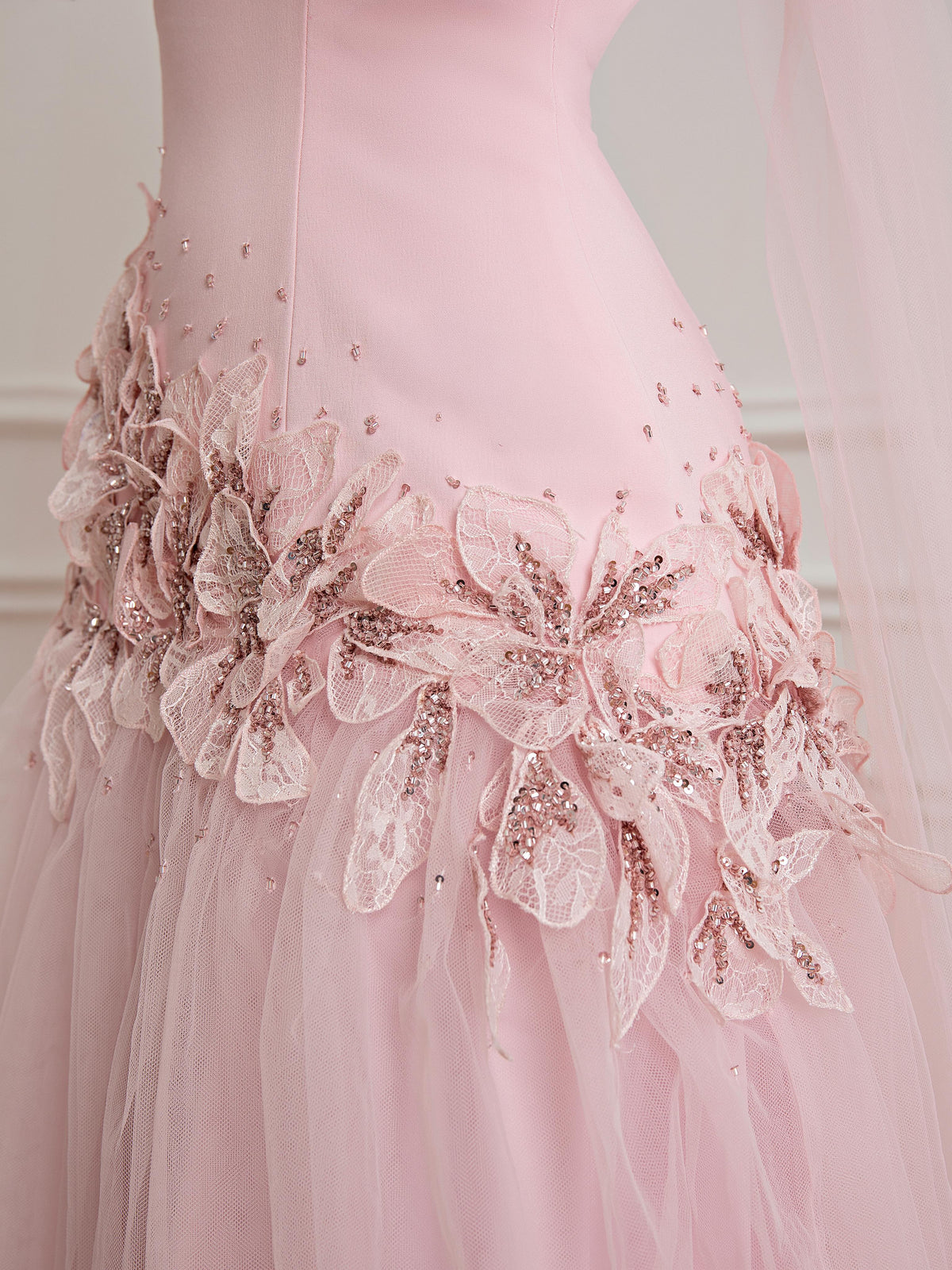 Off-the-Shoulder Long Sleeve Floral Tulle Gown