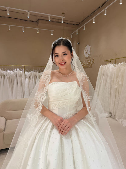Strapless Asymmetric Pleated Pearl Ball Gown