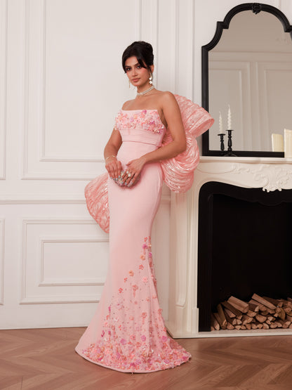 Strapless Floral Applique Gown with Statement Back