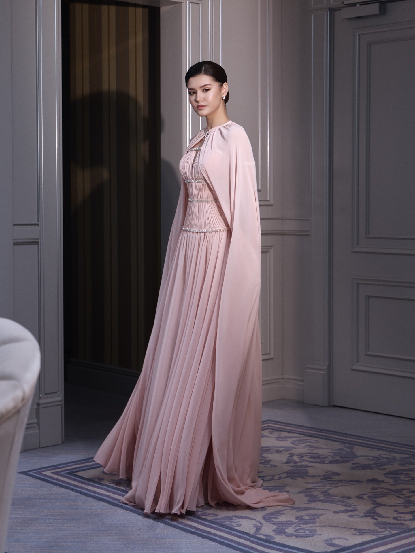 Pleated Cape Evening Gown