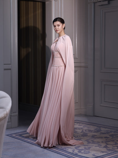 Pleated Cape Evening Gown