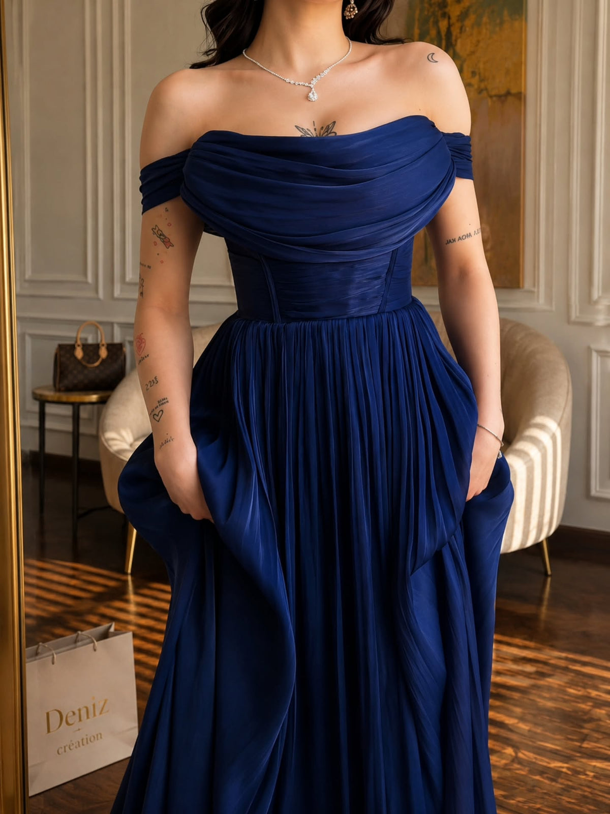 Off-the-Shoulder Ruched Corset Floor-Length Gown