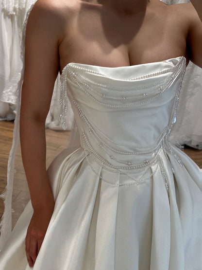 Strapless Pearl-Beaded Satin Ball Gown Wedding Dress