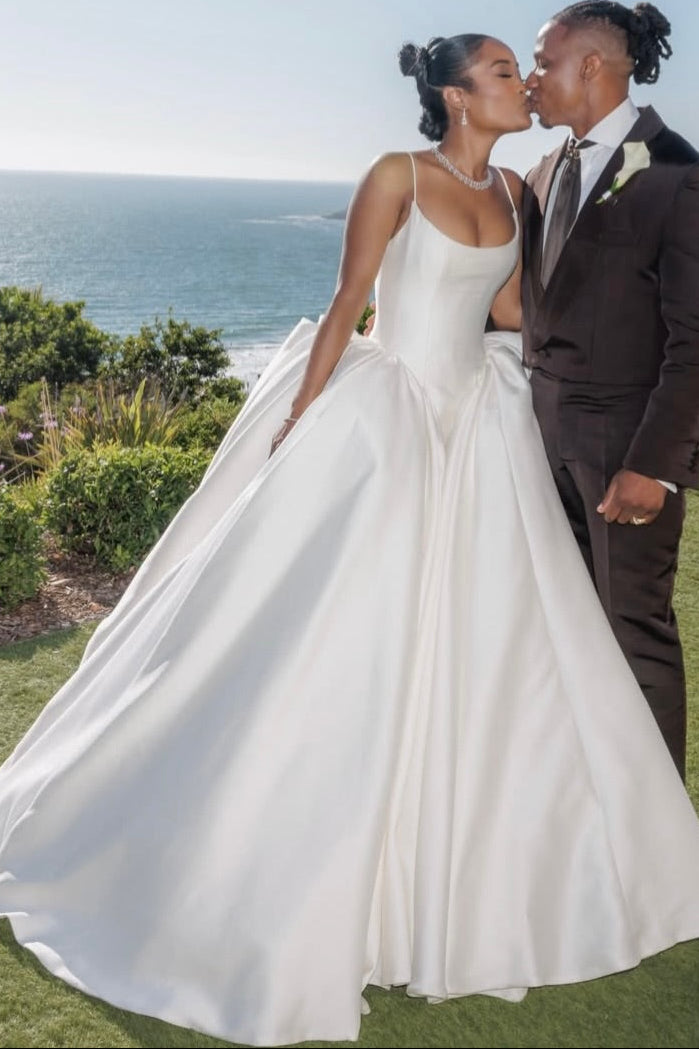 Spaghetti Strap Satin Ball Gown Wedding Dress