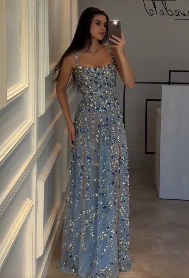 Crystal Embellished Spaghetti Strap Evening Gown