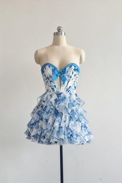 Floral Strapless Corset Tiered Ruffle Mini Dress