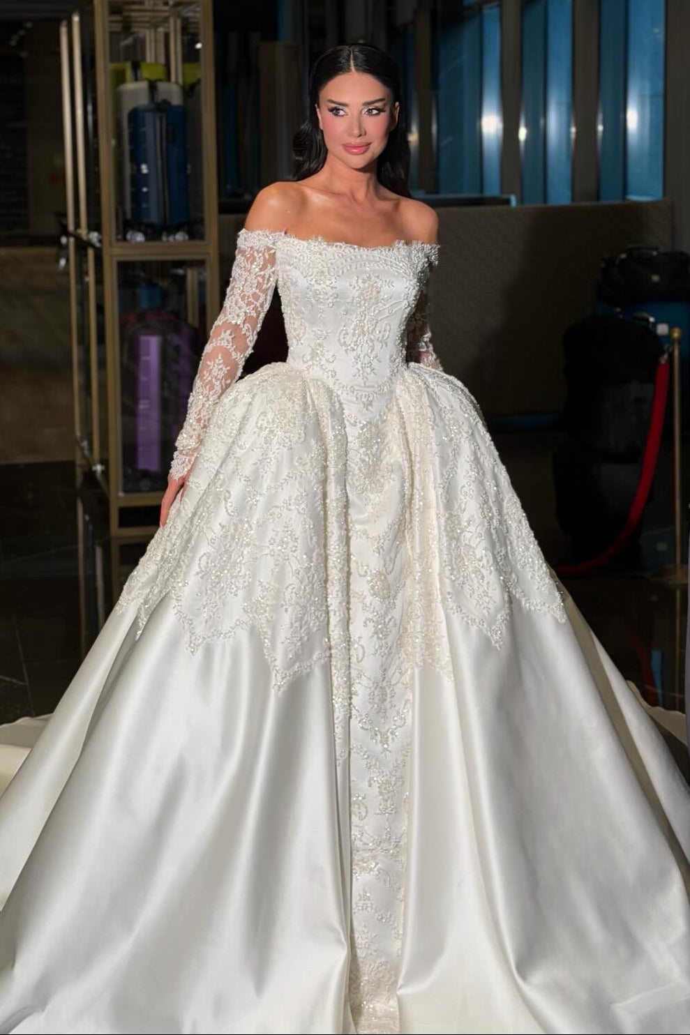 Beaded Lace Ball Gown Wedding Dress with Sleeves