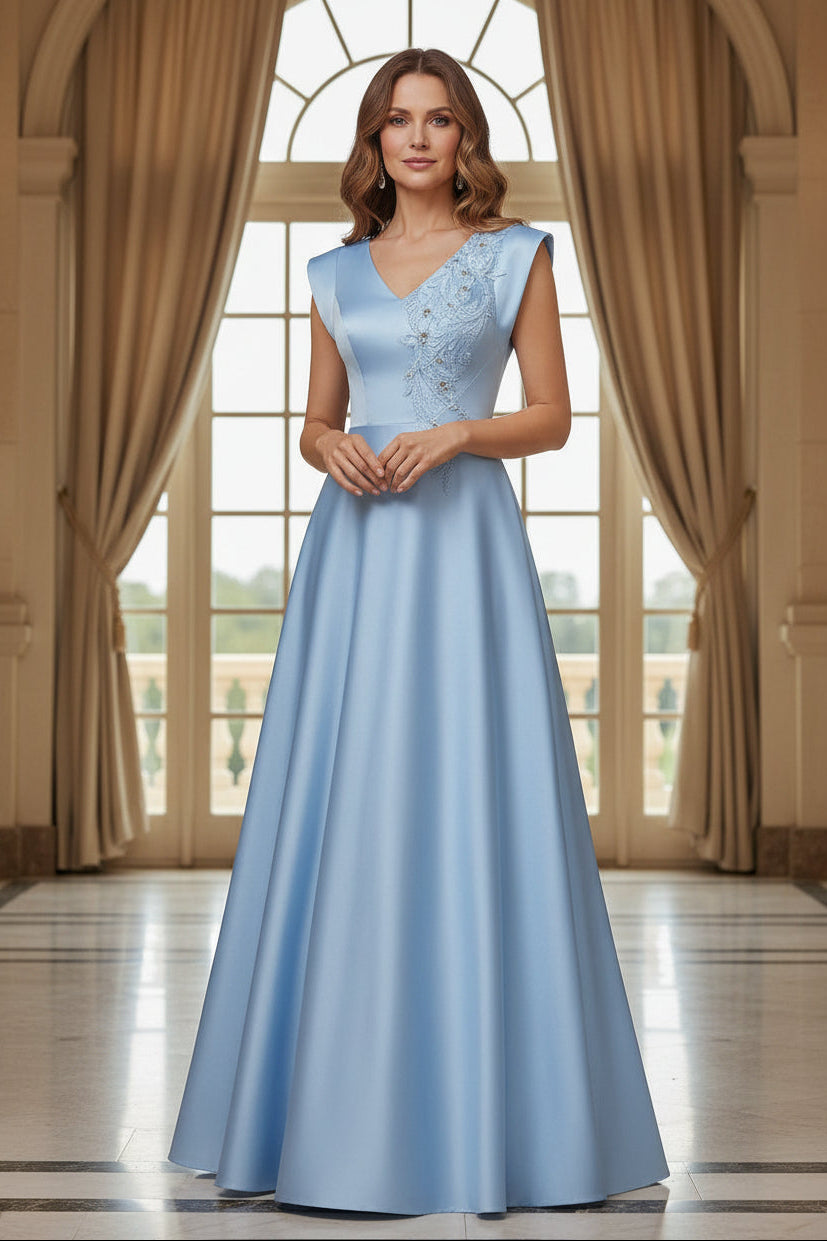 Asymmetrical Cap-Sleeve A-Line Satin Gown, Beaded Bodice
