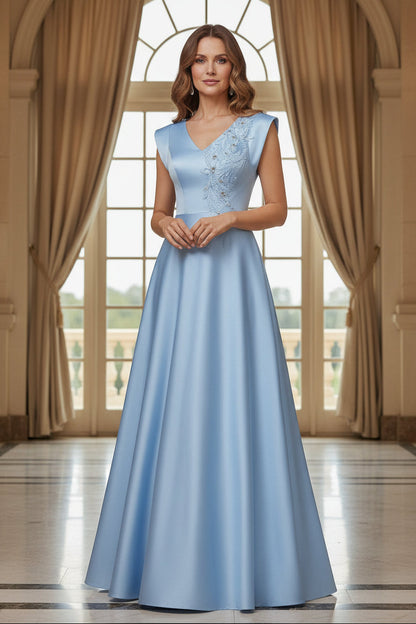 Asymmetrical Cap-Sleeve A-Line Satin Gown, Beaded Bodice