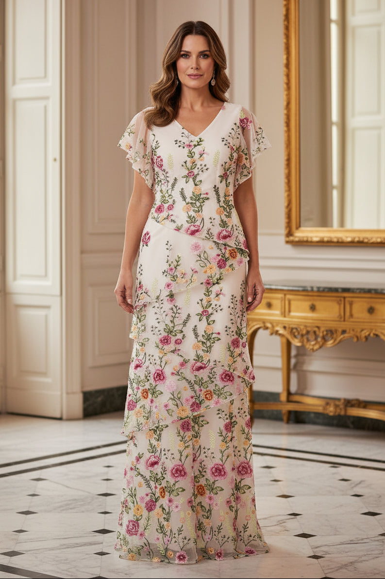 Floral Embroidered Tiered Gown with Flutter Sleeves