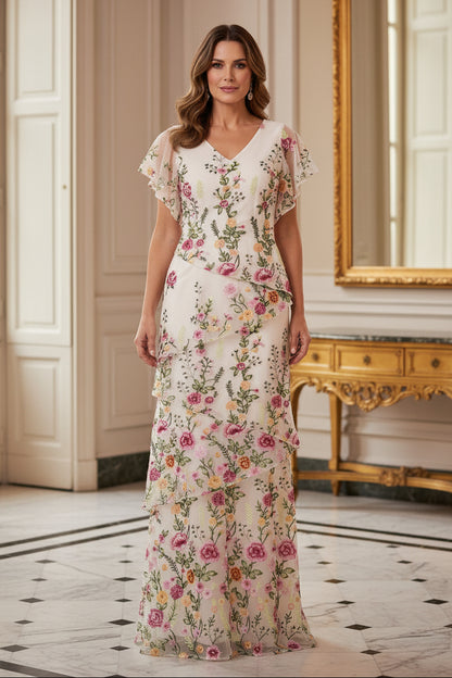 Floral Embroidered Tiered Gown with Flutter Sleeves