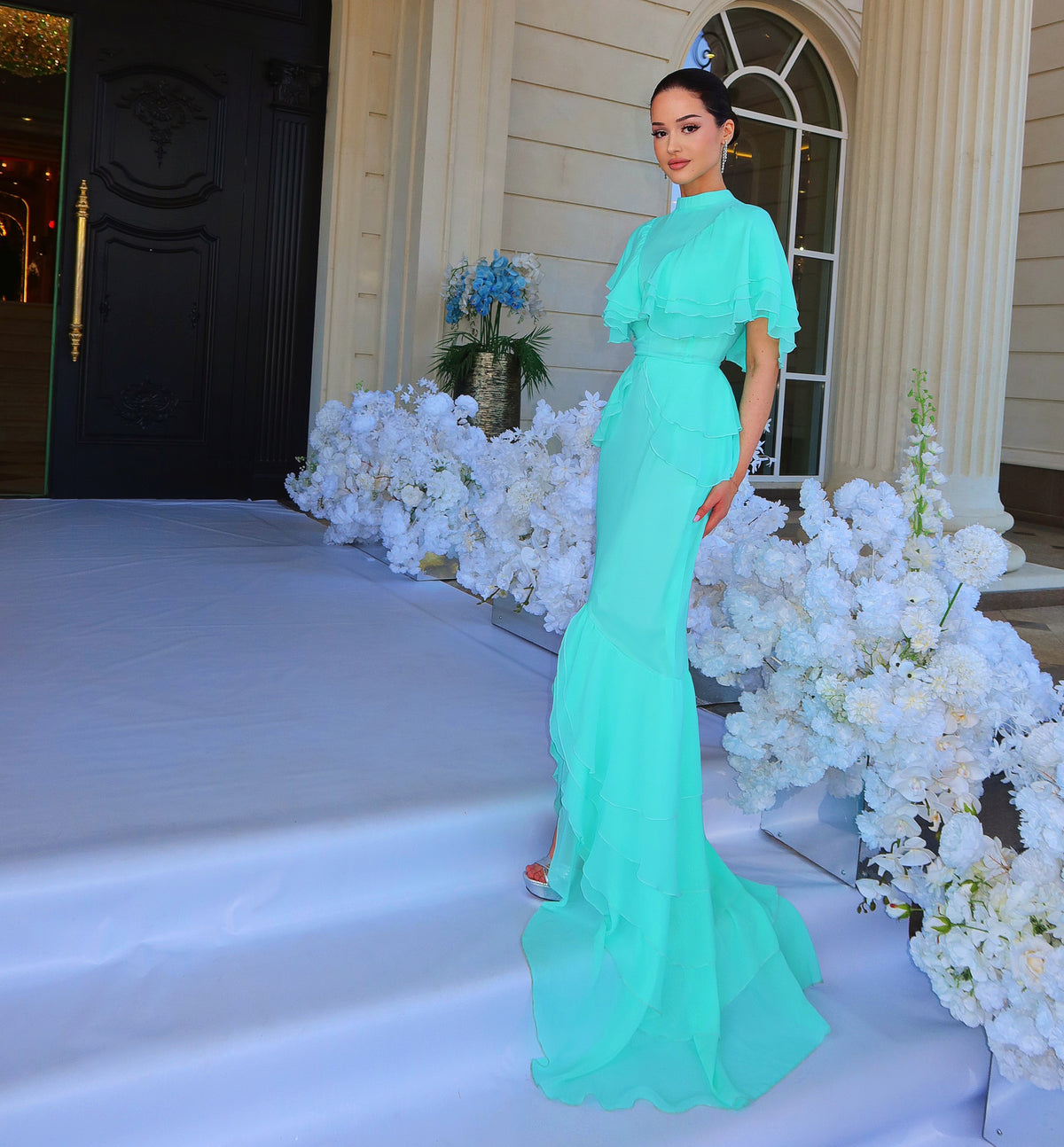 Tiered Ruffle Mermaid Evening Gown with Slit