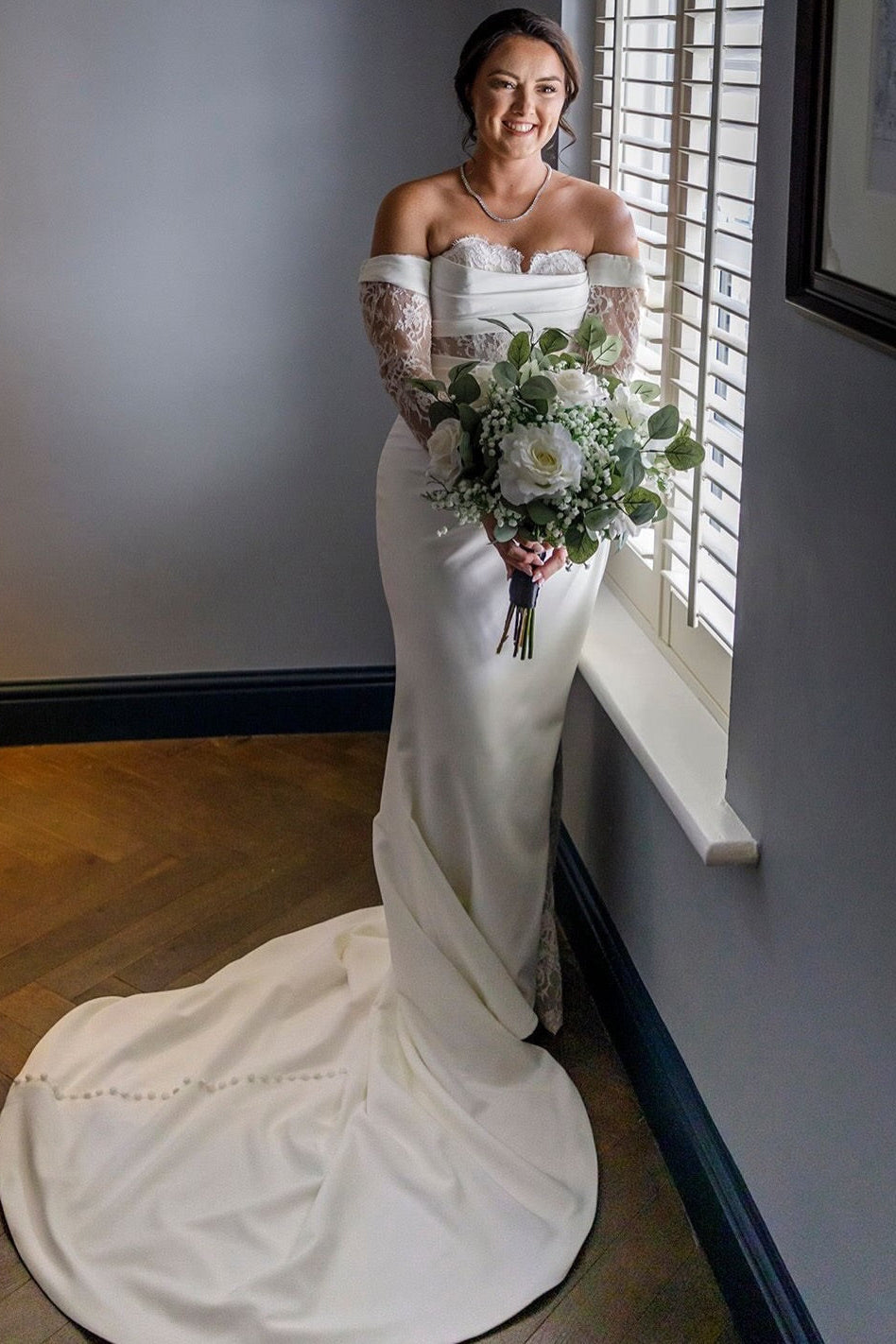 Off-the-Shoulder Lace Sleeve Wedding Dress with Slit