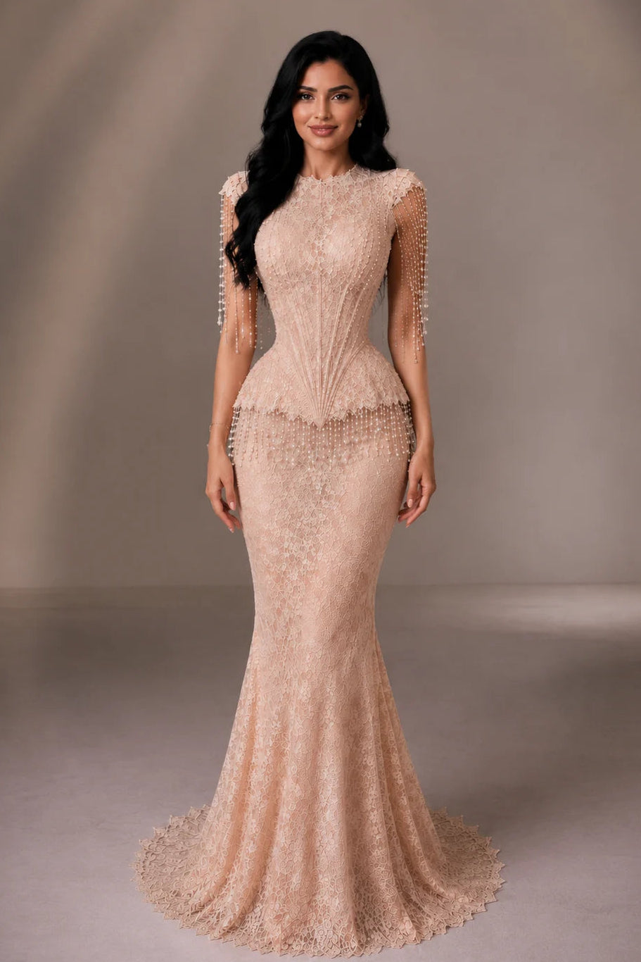 Pearl Fringe Sleeve Lace Mermaid Evening Gown