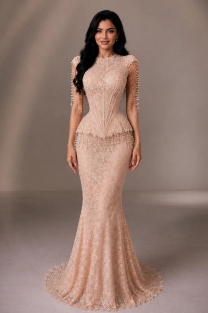Pearl Fringe Sleeve Lace Mermaid Evening Gown