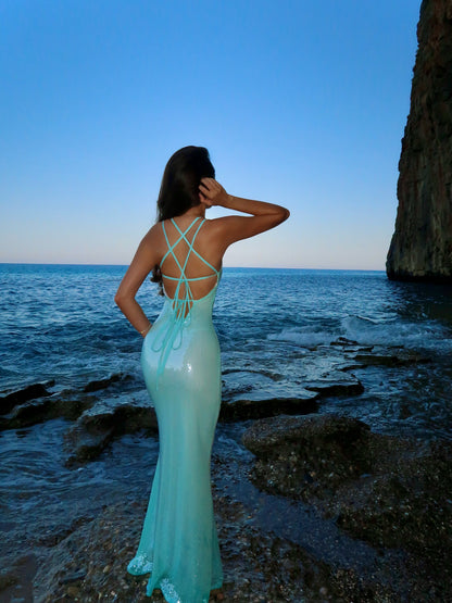 Sequin Mermaid Gown with Crisscross Open Back