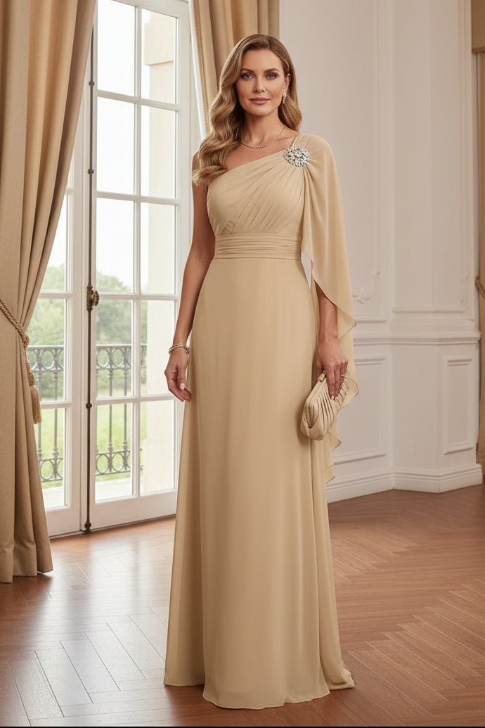 One-Shoulder Chiffon Gown with Cape Sleeve