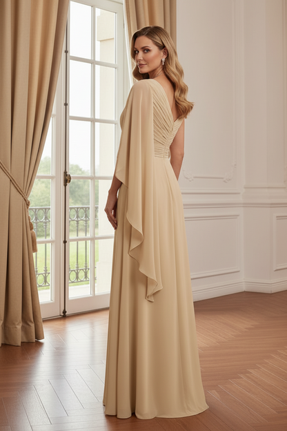 One-Shoulder Chiffon Gown with Cape Sleeve