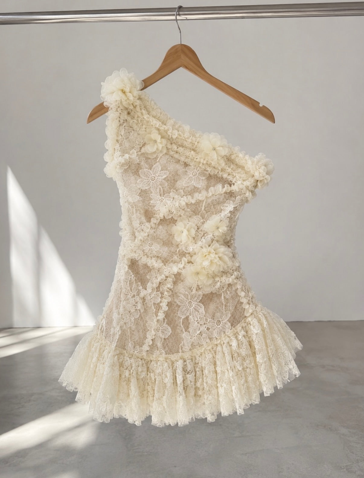 One-Shoulder Lace Mini Dress with 3D Flowers