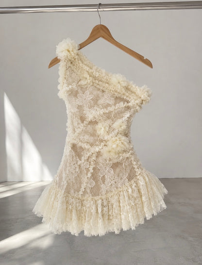 One-Shoulder Lace Mini Dress with 3D Flowers