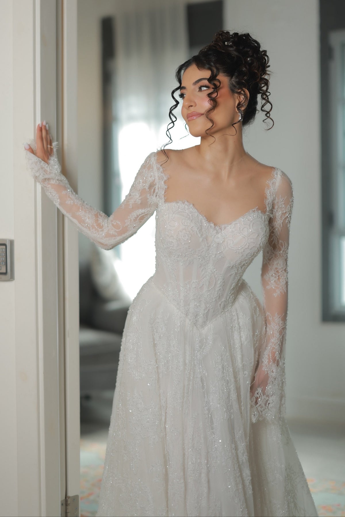 Glitter Lace Long Sleeve Corset Wedding Dress
