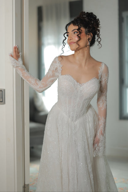 Glitter Lace Long Sleeve Corset Wedding Dress