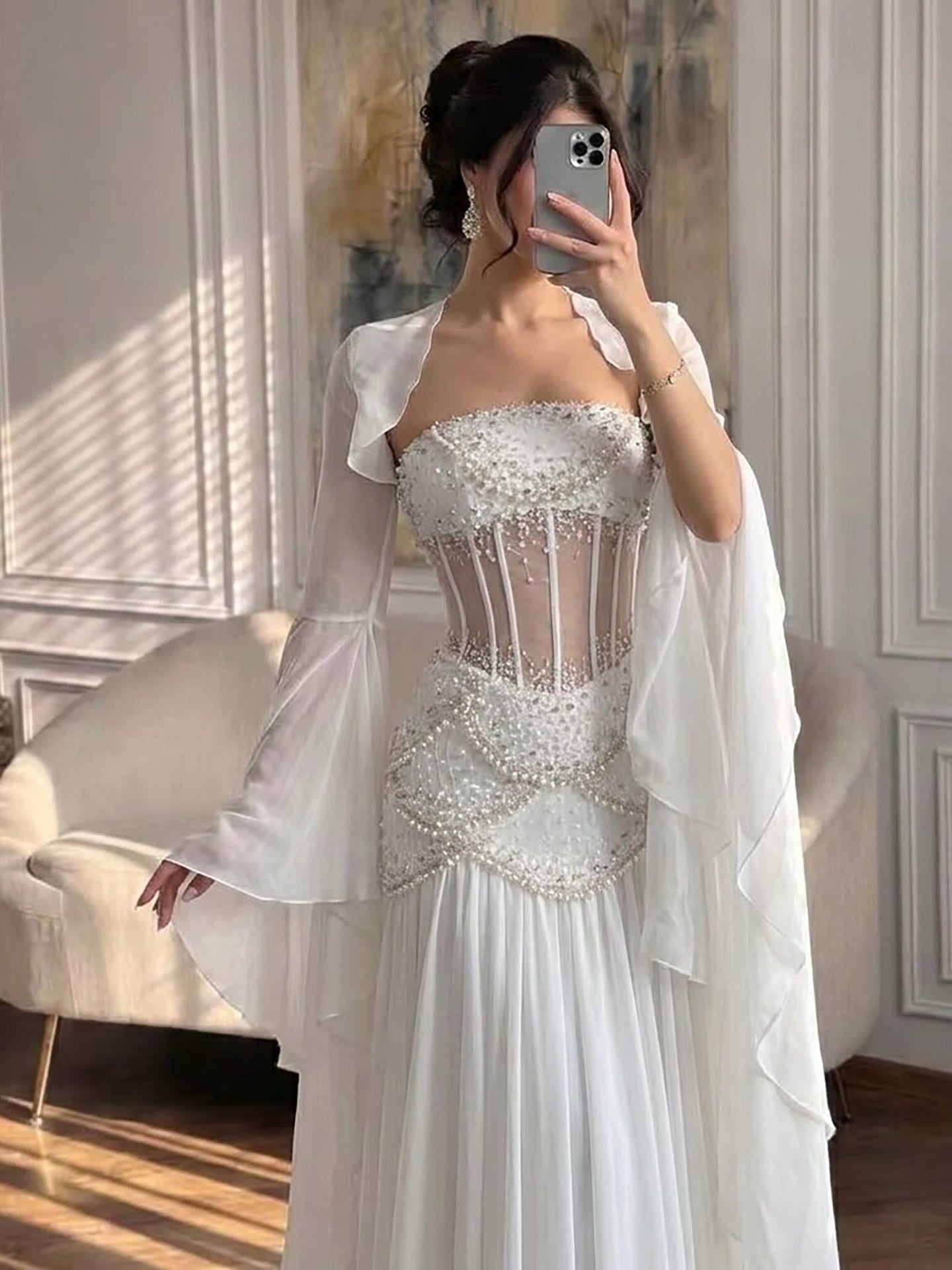 Embellished Corset Evening Gown with Bell Sleeve Jacket