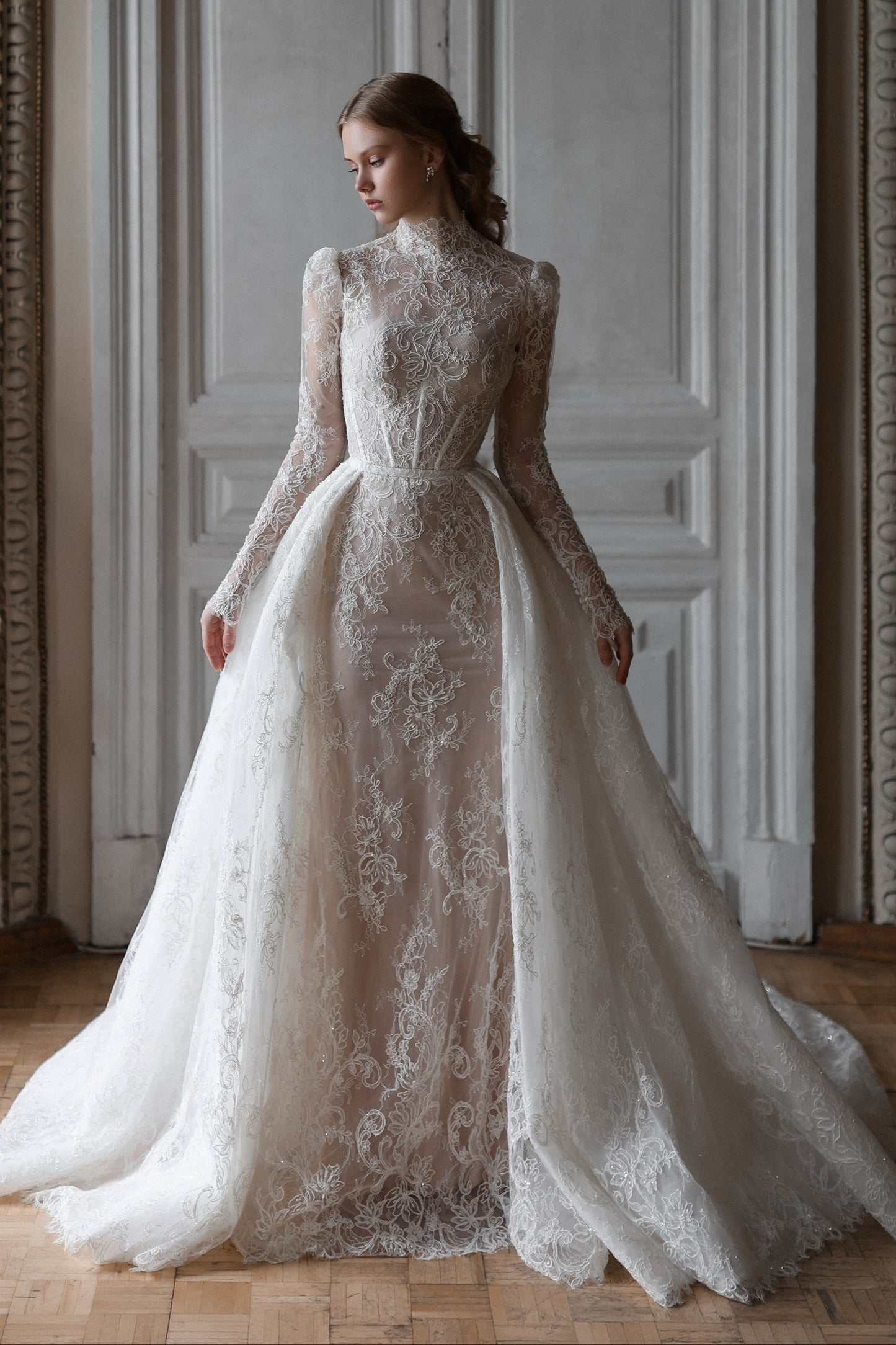 High Neck Lace Wedding Dress with Overskirt