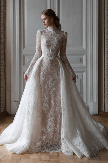 High Neck Lace Wedding Dress with Overskirt