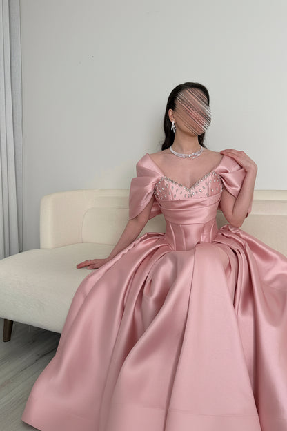 Off-Shoulder Beaded Satin Ball Gown with Pleated Skirt
