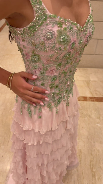 Embroidered Beaded Tiered Pleated Gown