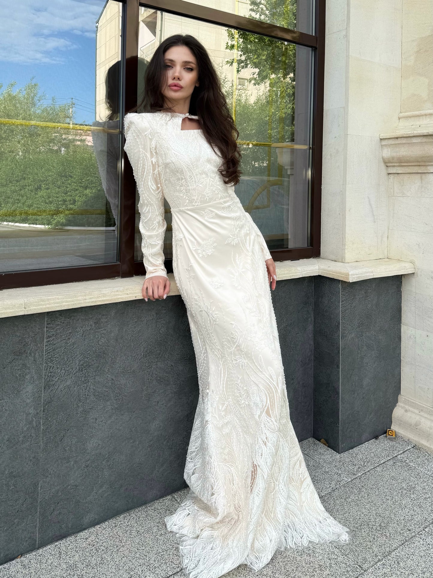 Embroidered Long Sleeve Gown with Keyhole Neck