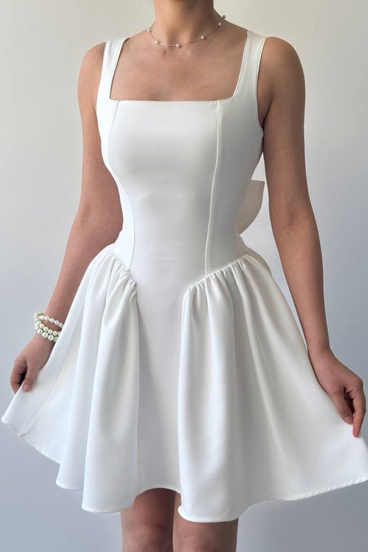 Square Neck A-Line Mini Dress with Statement Bow