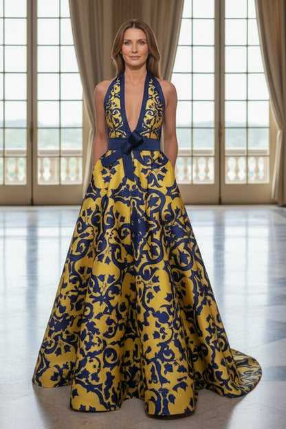 Plunging Halter Ball Gown with Bow Waistband