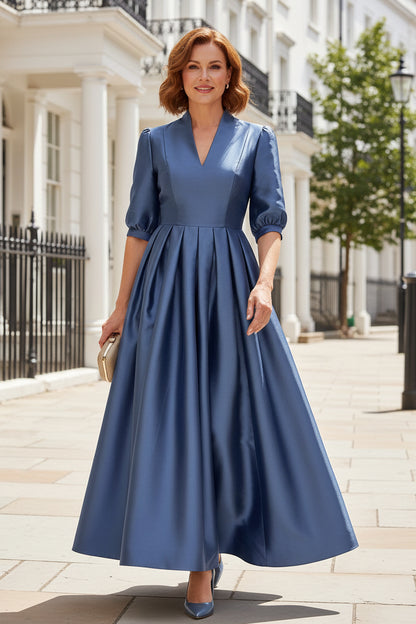 Satin A-Line Maxi Dress with Puff Sleeves