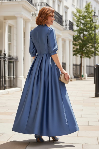 Satin A-Line Maxi Dress with Puff Sleeves