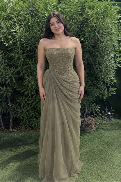 Strapless Beaded Corset Gown with Draped Skirt