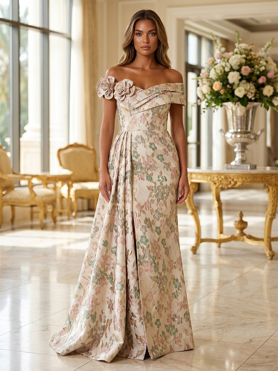 Off-the-Shoulder Floral Jacquard Gown