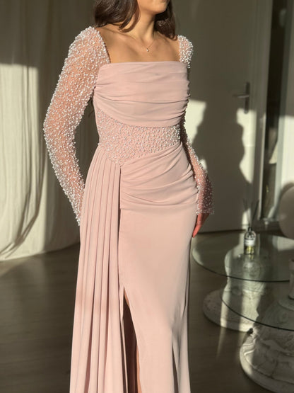 Square Neck Beaded Sleeve Gown with Side Drape