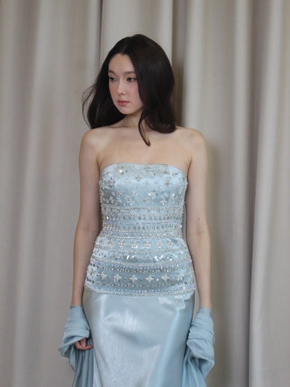 Strapless Beaded Bodice Satin Gown with Chiffon Streamers