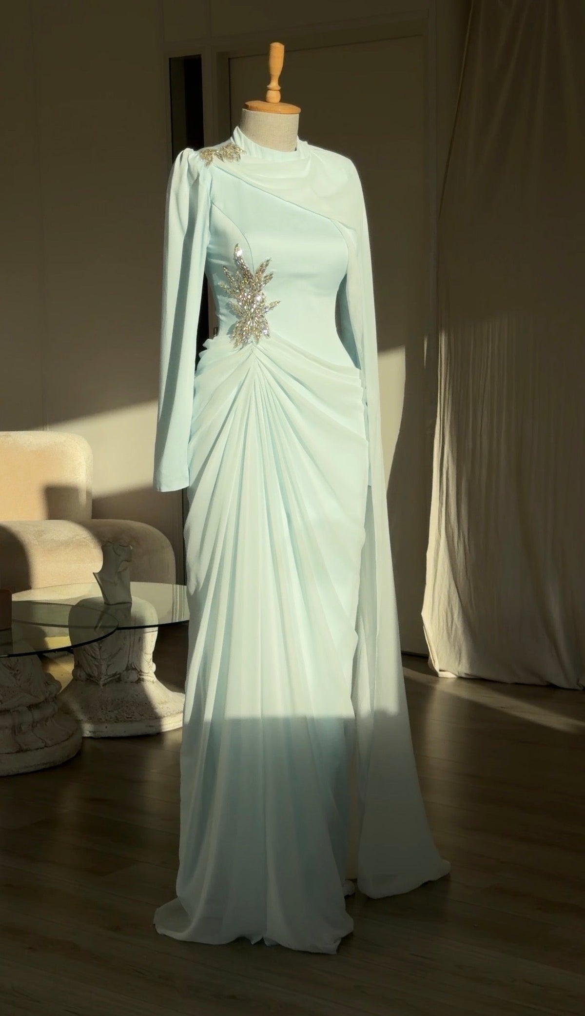Draped Cape Gown with Crystal Embellishment