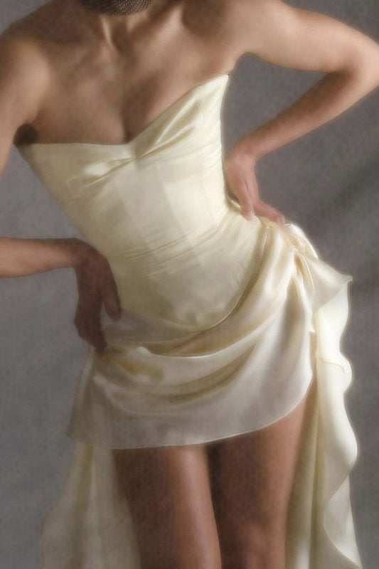 Strapless Corset Asymmetrical High-Low Satin Dress