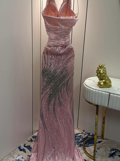 Halter Ruched Bodice Beaded Mermaid Gown
